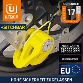 URBAN UR210Y Motorradschloss Bremsscheibenschloss, CLASSE SRA-Zugelassen, Gelb Doppelverriegelung Schließbolzen Ø10 + Erinnerungskabel 140cm