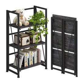 4NM No-Assembly Folding Bookshelf Storage Shelves 3 Tiers Vintage Bookcase Standing Racks Study Organizer Home Office (All Black)