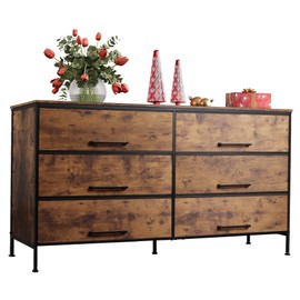 WLIVE 6 Drawer Dresser for Bedroom Large, Fabric Wide Dresser TV Stand for 55, 60, 65, 70 inch TV, Big Long Chest of Drawers with Deep Drawer for Closet, Bedroom, Living Room, Hallway, Rustic Brown