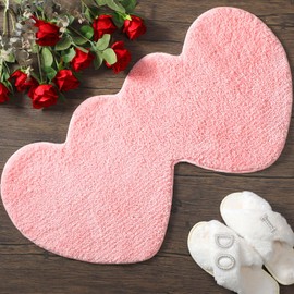 Hoolerry Valentines Heart Rug Double Heart Shaped Bathroom Rug Decorative Non Slip Doormat Washable Love Shag Shower Mat Home Bedroom Living Room 15.75 x 31.5 Inch(Pink)