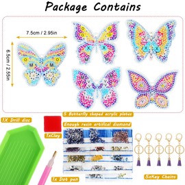 MWOOT 5Pcs Diamond Art Painting Keychain, 5D DIY Butterfly Diamond Pasted Painting Keyring Charm with Tassel, Double Sided Full Drill Crystal Craft Pendant for Backpack Handbag Décor