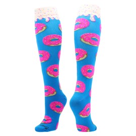 MadSportsStuff Donut Over the Calf Socks (Paradise Blue/Neon Pink, Small)