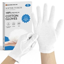 Migliore Wear 5 Pairs White Cotton Gloves for Eczema, Moisturising Gloves for Dry Hands, Washable White Gloves for Adults with 1 Free Wash Bag