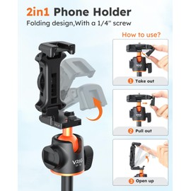VRIG - Trípode extensible para teléfono de 54 pulgadas, con cabeza de bola de 360°, trípode para cámara con clip de teléfono 2 en 1, soporte para teléfono celular