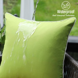 JOJOGOGO Green Outdoor Pillows Waterproof Decorative Throw Pillow Covers 18x18 Set of 2, Apple Green Spring Outdoor Sunproof Pillows 18 x 18 for Porch Couch Patio Furniture (with White Piping)