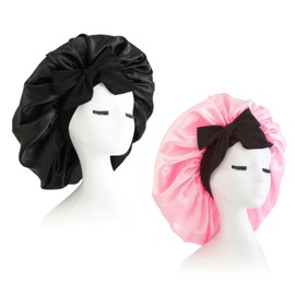 LWLWA Hair Sleep Cap, Pack of 2 Medium Silk Hair Cap, Round Sleep Cap, Women, Hair Protection for Night, with Cross Bands, Pink and Black, for Sleeping, Skin Care, Bathing, Pink, Black