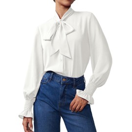 Womens Long Sleeve Bow Tie Neck Dressy Casual Smocked Cuffed Blouse Chiffon Elegant Business Office Work Professional 2025 White