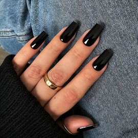 KQueenest Black Press on Nails Long Medium Square, Dark Fake Nails Medium Coffin, Glossy Sheer Color Acrylic Nails Press ons, Reusable Soft Gel Glue on Nails for Women Fall Winter