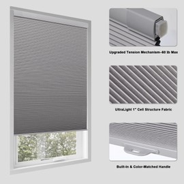 Tonature No Drill Cellular Shades for Indoor Windows, Thermal Insulating & Noise Reducing Honeycomb Blinds, Free Stop Cordless Blackout Shades, Grey, 34" W x 64" H