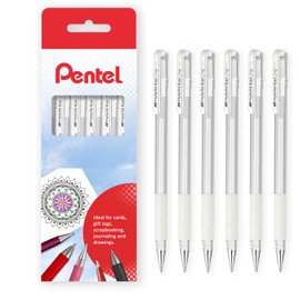 Pentel K118 Hybrid Gel Metallic Ink Pen - 0.8mm Tip Nib - With Rubber Finger Grip - White Ink (6)