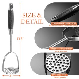 Potato Masher Stainless Steel, Heavy Duty Mashed Potatoe Masher,Professional Integrated Food Masher for Avocado, Potatoes, Beans, Meat, Vegetables (Black wooden handle Masher)