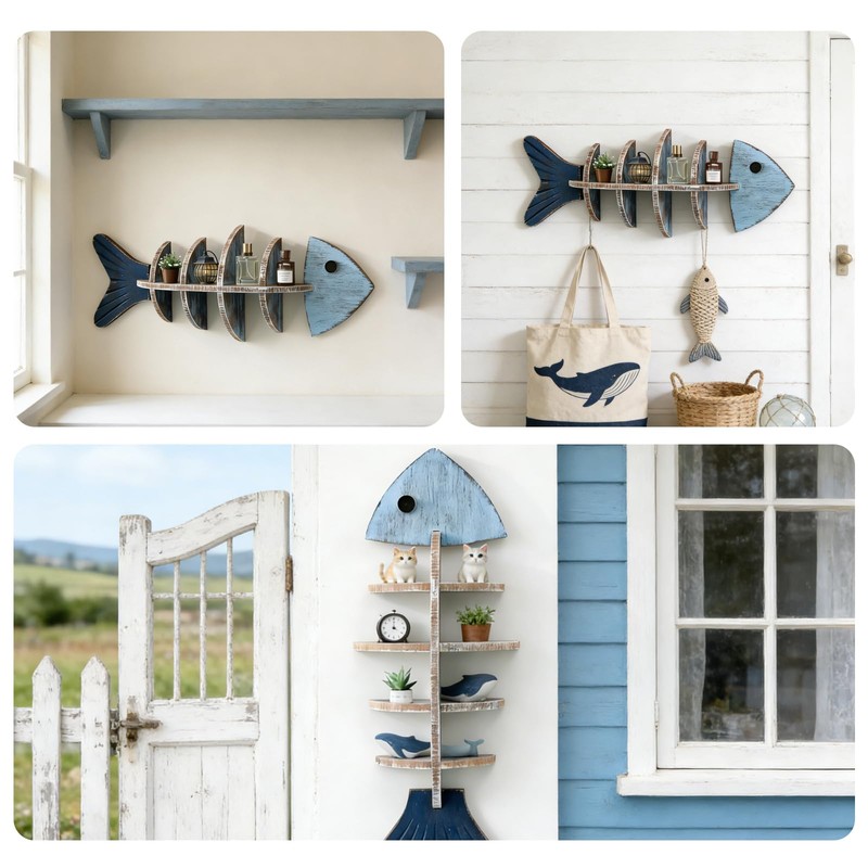 HPZIHYNAP Rustic Wooden Fish Floating Shelf, Unique Fishing Decor Wall
