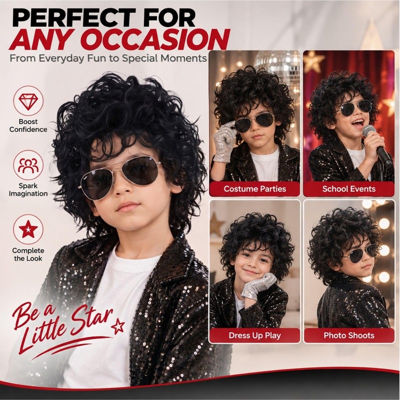 Kids 80s Pop Star Black Jerry Curl Wig & Sunglasses,