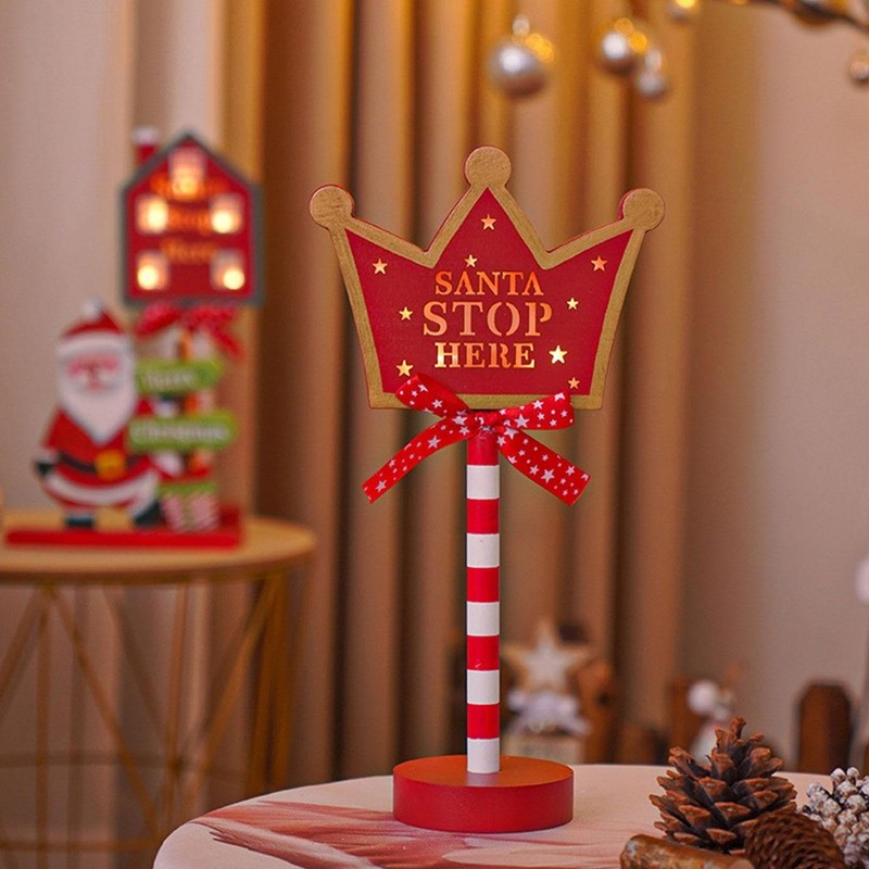 Christmas Stop Here Decor Metal Solid Wood LED Delicate Santa