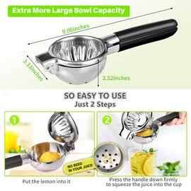 Lemon Squeezer Tuiswo Stainless Steel LARGE Manual Citrus Juicer, Durable Metal Juicing Bowl with Non-Slip Grip, Premium Quality (Silver/Black)