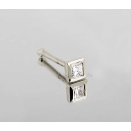 22G 14K Gold Bone-end Nose Stud Bezel Set 0.035ct-0.05ct Princess Cut Diamond - April Birthstone Nose Ring, Metal, diamond