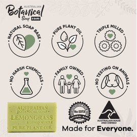 Australian Botanical Soap, Lemongrass with Lemon Myrtle 6.6 oz. (187g) Soap Bars | All Skin Types | Shea Butter Enriched - 4 Count
