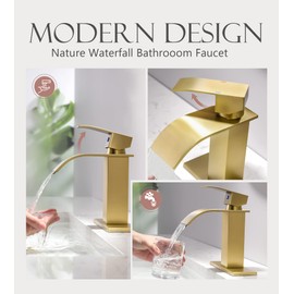 YardMonet Gold Bathroom Faucet, Modern Single Hole Waterfall Spout Sink Faucet, Brushed Gold With Drain Assembly and Hose