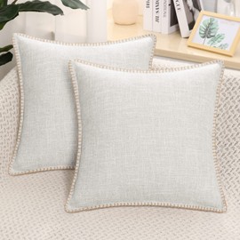 decorUhome Set of 2 Linen Cushion Covers 45X45cm,Decorative Outdoor Plain Vintage Cushion Covers with Stitched Edges, Square Farmhouse Neutral Pillow case 18x18 Inch for Sofa, Beige