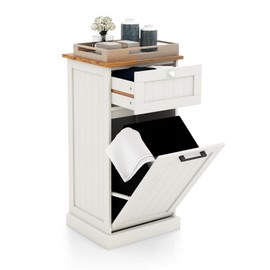 DORTALA Tilt-Out Laundry Hamper Cabinet, Freestanding Bathroom Storage Cabinet w/Removable Basket, Drawer, Bamboo Countertop, 10 Gallon Hidden laundry cabinet for Bathroom, Kitchen