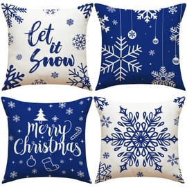 Ameyahud Merry Christmas Throw Pillow Covers Winter Holiday Snowflake Xmas Throw Pillow Covers 18 x 18 Inches Set of 4 Blue and White Cushion Case for Home Couch