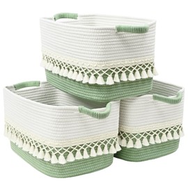 3 Pack Storage Basket for Shelves, Boho Cotton Rope Storage Bins with Heavy Tassel, Shelf Baskets Large Woven Baskets for Organizing, Cube Organizer Bins, Baby Laundry Basket for Clothes, Toys, Pets