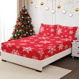HCORA Christmas Queen Fitted Sheet and Pillowcase Set - 100% Brushed Microfiber Snowflakes Fitted Sheet Deep Pocket Up to 16" - Ultra Soft, Shrinkage & Fade Resistant (Queen)