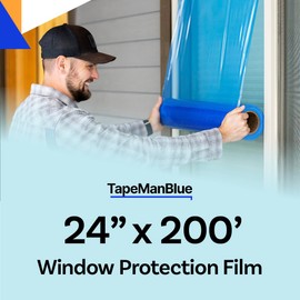 TapeManBlue Window Protection Film, 24 inch x 200 feet, Made in The USA, Strongest and Most Durable Window Protection Film for Construction, Blue Self-Adhesive Temporary Glass Protection Tape
