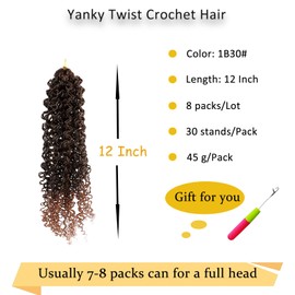 12 Inch Pre-looped Yanky Twist Crochet Hair 8 Packs 30 Strands/PCS Pre-twisted Passion Twist Crochet Hair Bohemian Yanky Twist Crochet Braiding Hair Fluffy Synthetic Spring Twist Crochet Hair 1B/30#