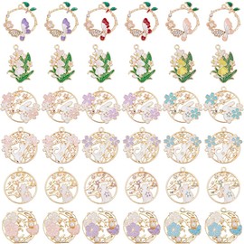 SUNNYCLUE 1 Box 36Pcs 18 Styles Enamel Flower Charms Flowers Charms Gold Bulk Alloy Spring Cat Butterfly Rabbit Floral Charm for Jewellery Making Charms DIY Necklace Bracelet Earring Crafting Beginner
