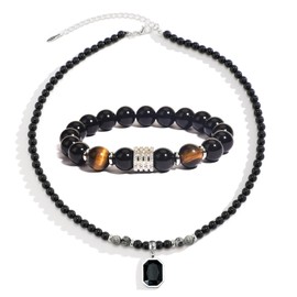 XSDSLS 2 Pcs Mens Natural Stone Necklace Bracelet Set,6/10mm Tiger Eye Bead Necklace Bracelet Adjustable Gemstone Pendant Beaded Necklace,Stretch Natural Stone Bracelet (Yellow Tiger Eye + Map Stone)