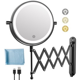Rechargeable Wall Mounted Makeup Mirror - 8 Inch Double Sided 1X/10X Magnifying Mirror with 3 Color Lights Dimmable Touch Screen, 360°Swivel 19.6 Inch Extendable Accordion Bathroom Mirror - Black