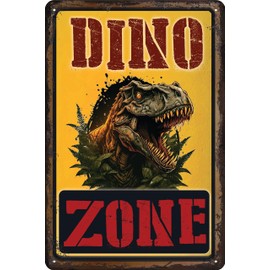 LUCKYLINDE - 30 x 20 cm Tin Sign, Children's Room Decoration Sign - Funny Dinosaur Saying - "Dino Zone"
