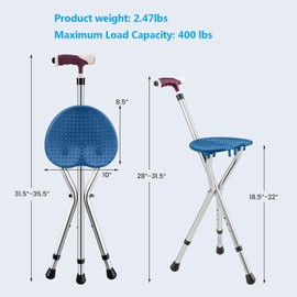 Folding Cane Seat Combo 400 lbs Capacity Portable Cane Stool Handy Folding Crutch Chair Seat 3 Legs Height Adjustable Heavy Duty Thick Aluminum Walking Stick Tall Unisex for Elderly Travelon Blue