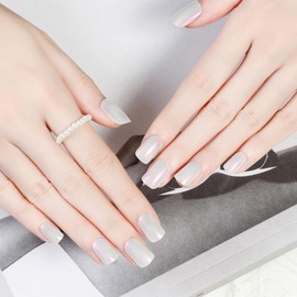 Press On Nails, Press on nails medium square, Opaque Reusable Stick On Nails, Full cover nails, Press on nails with sticky tabs, Aurora Cat Eye, White, 24pcs