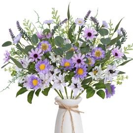 Zythrem 6 Bundles Artificial Flower Daisy Bouquet Purple Silk Daisy Flowers Decor Fake Wildflowers Bouquet Spring Floral Arrangements for Table Centerpiece Home Wedding Party Decoration