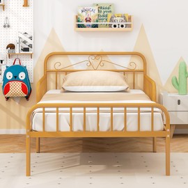 Giantex Metal Twin Bed Frames for Kids, Heavy Duty Metal Platform Bed Frame with Headboard & Safety Guardrails, Modern Toddler Bed with Metal Slat Support for Girls Boys, No Box Spring Needed (Gold)