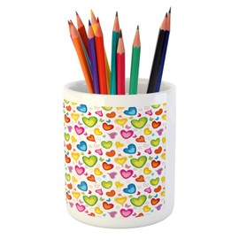 Ambesonne Love Pencil Pen Holder, Colorful Hearts and Butterflies Silhouettes Doodle Style Happy Valentines Day Pattern, Printed Ceramic Pencil Pen Holder for Desk Office Accessory, Multicolor