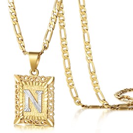 KissYan Men's Initial Letter Pendant Necklace, 14K Gold Plated Square Capital Monogram Necklace Alhpabets From A Z Figaro Chain Necklace(Hollow White Letter N) Hollow N Two Color