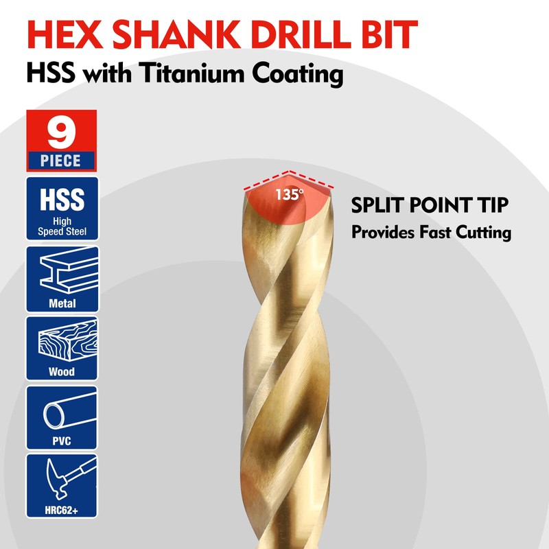 WORKPRO 9-Piece 1/4" Hex Shank Drill Bit Set, Titanium Plating