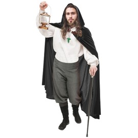 Medieval Costume Cloak with hood men Adult Renaissance Hooded Cloak with Green Leaf Brooch Necklace (Black)