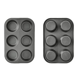 ProBytes 6 Cups Metal Muffin Tray/Mould - Aluminized Steel, Non-stick, BPA-free, Baking Tin, Dishwasher & Oven Safe, Dessert, Fairy cakes, Cup cakes, Brownies, Yorkshire Pudding, Freezing, Black 2 Pcs