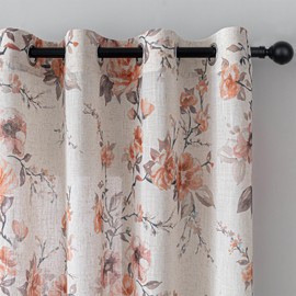MEETSKY Floral Linen Curtains 84 Inch Length for Bedroom, Orange Rose Printed Grommet Drapes for Living Room, Light Filtering Semi Sheer Botanical Vintage Window Drapes 2 Panels, Each 52 Inch Wide