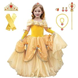 CREDIBLE UT5020 Children’s Princess Dress, Costume, Luxurious 9-Piece Set, Yellow (Princess Dress, Arm Cover, Gloves w/ Ribbon, Heart Tiara, Magic Wand, Necklace, Earrings, Ring), US Kids 3 (100 cm)