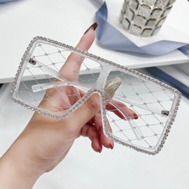 mincl Oversized Rhinestone bling Sunglasses for Women Fashion Lace lens Square Diamond sunglasses Classic UV Protection Sun Glasses (clear)