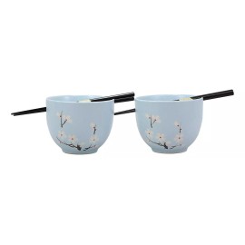 Ebros Ceramic Japanese Sakura Ramen Udong Noodles Bowls and Chopsticks Set of 2