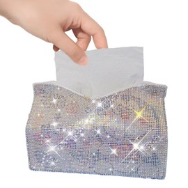 Bling Tissue Box Cover Silver Leather Tissue Box Holder Diamond Decor Tissue Organizer Rhinestone Handmade Tissue Cube Box for Bathroom Bedroom Dresser Living Room Office Dorm Decor