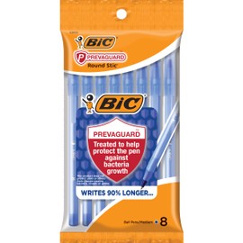 BIC PrevaGuard Round Stic, With Built-in Protection To Suppress Bacteria Growth, Medium Point (1.0mm), Blue, 8-Count Pack