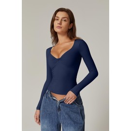 QINSEN Double Lined Shirts for Women V Neck Long Sleeve Casual Cropped Top Estate Blue M