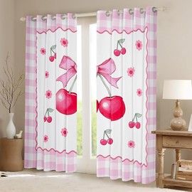 Sweet Cherry 2 Panels,52X63 Inch Window Curtains 2 Panel Sets 52 X 90 Inch,Coquette Bow Blackout Curtains Light Pink And White Window Treatments Drapes for Bedroom for Modern Cute Room Decor